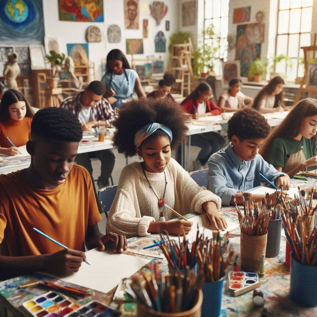 A, close up image of a diverse group of African American middle school students engaged in art and c